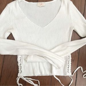White knit laced up crop top sweater